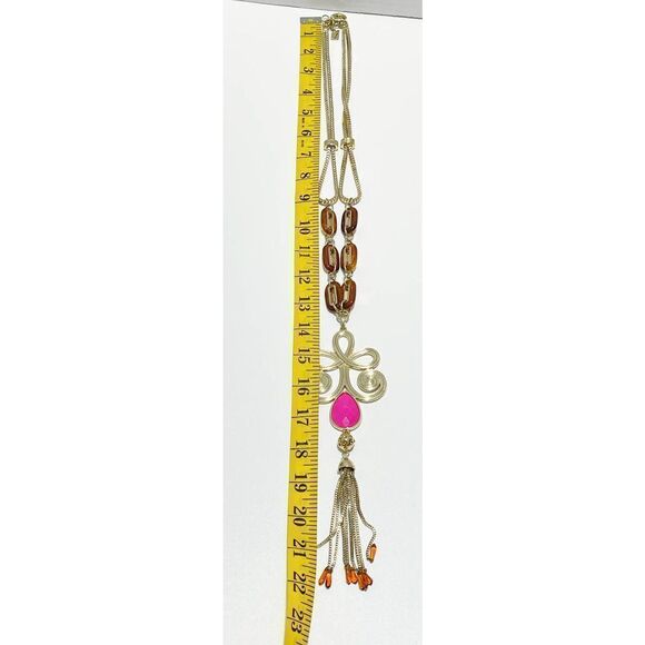 Lilly Pulitzer Boho‎ Lariat Necklace Gold Tone Chain Pink Stone Tassel Pendant - Picture 10 of 11